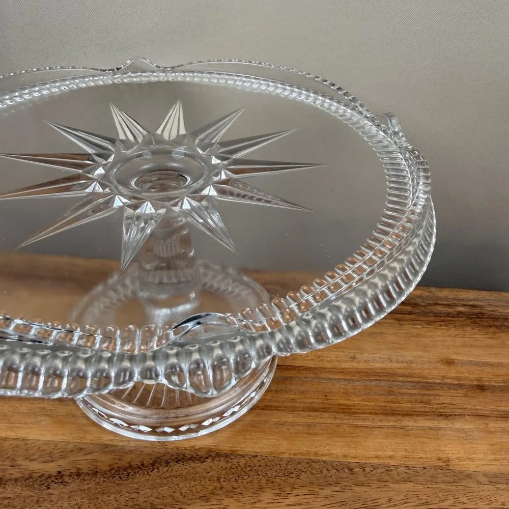 Antique EAPG McKee Aurora Diamond Horseshoe Clear Glass Pedestal Cake Stand 10